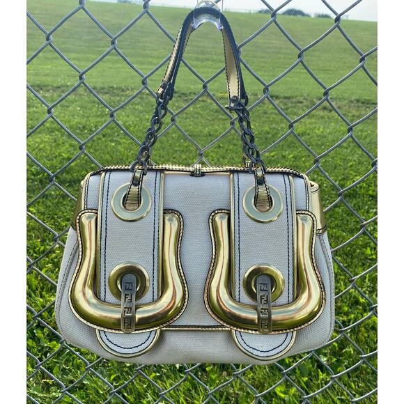 Vintage 00's Fendi Canvas And Gold Patent Leather B. Bag - Picture 2 of 8